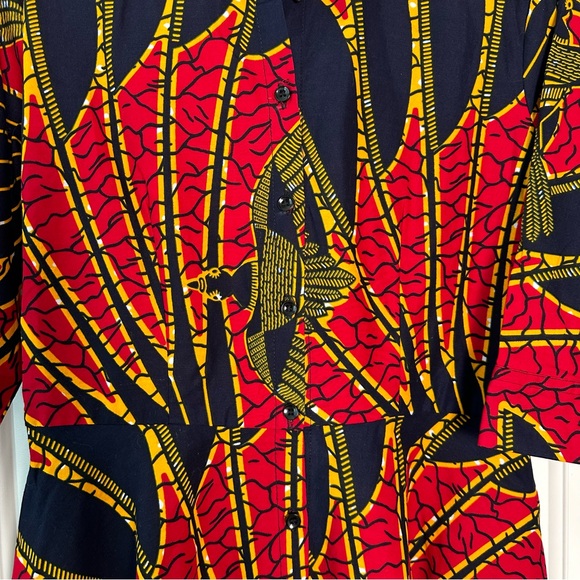 Grass-Field Button Down Dress Red Navy Bird Palm size UK14, US 10 - Picture 9 of 12